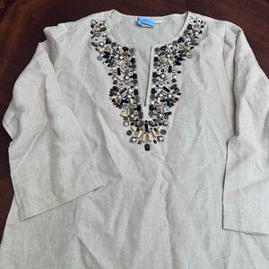Michael Kors Beige Beaded V Neck Linen Tunic Top Large